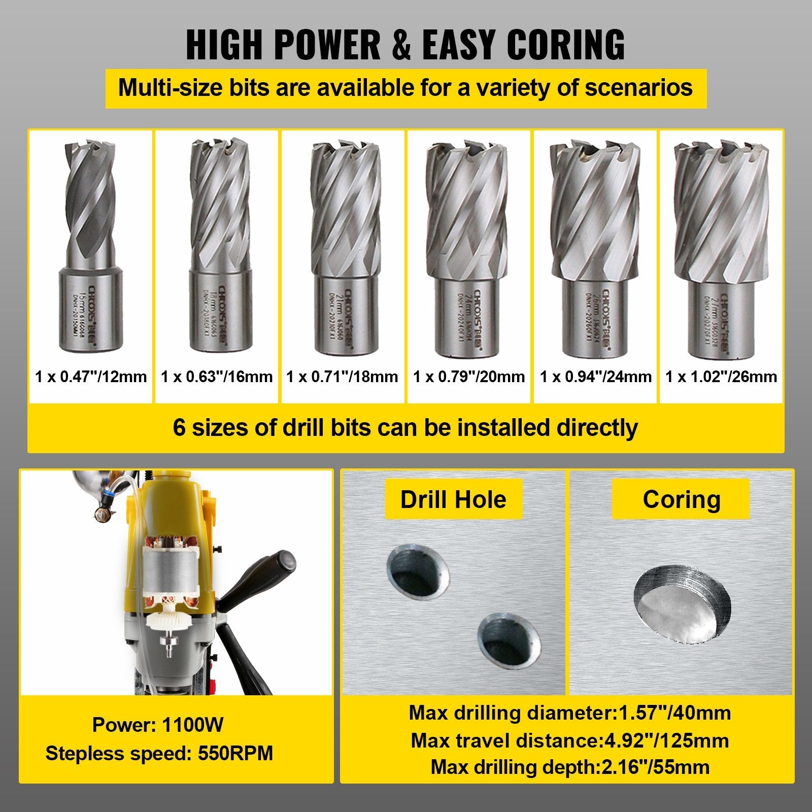 VEVOR 1100W Magnetic Drill Press with 1-1/2 Inch (40mm) Boring Diameter MD40 Magnetic Drill Press Machine 2810 LBS Magnetic Force Magnetic Drilling System 670 RPM with 6 Pcs HSS Annular Cutter Kit 