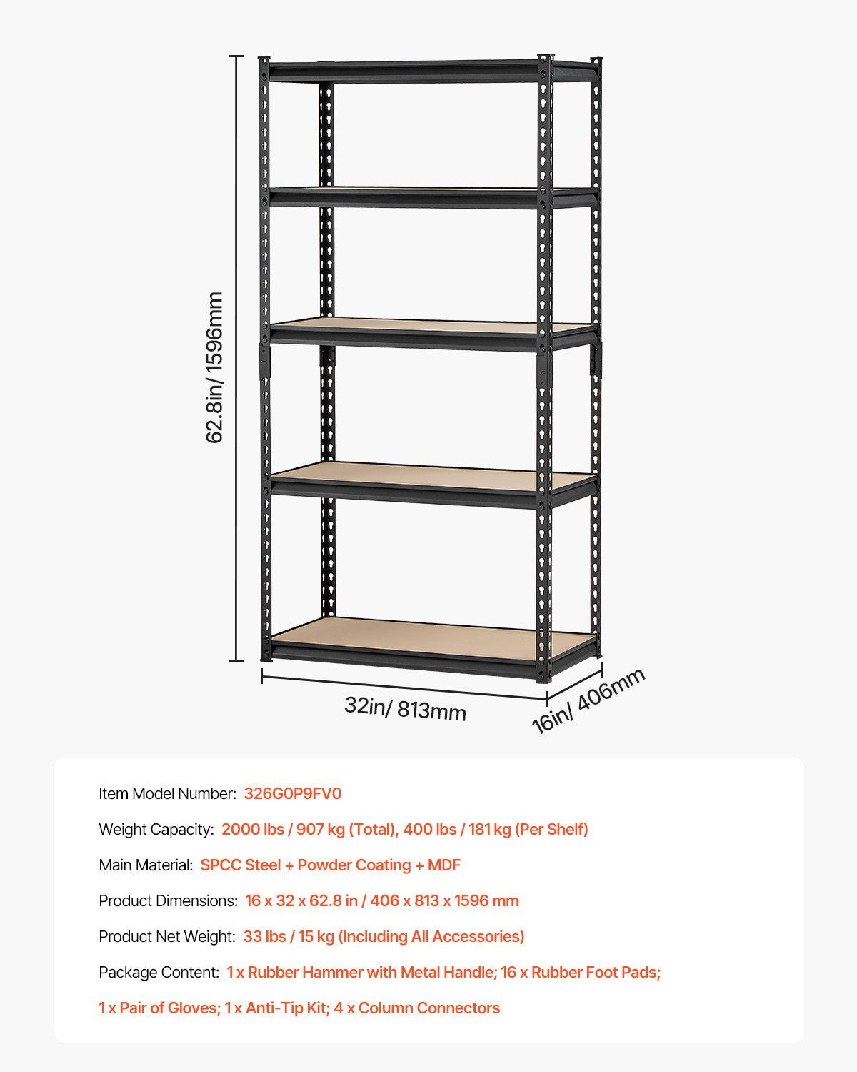 VEVOR Storage Shelves 16" D x 32" W x 62.8" H 5-tier Garage Storage Shelving 