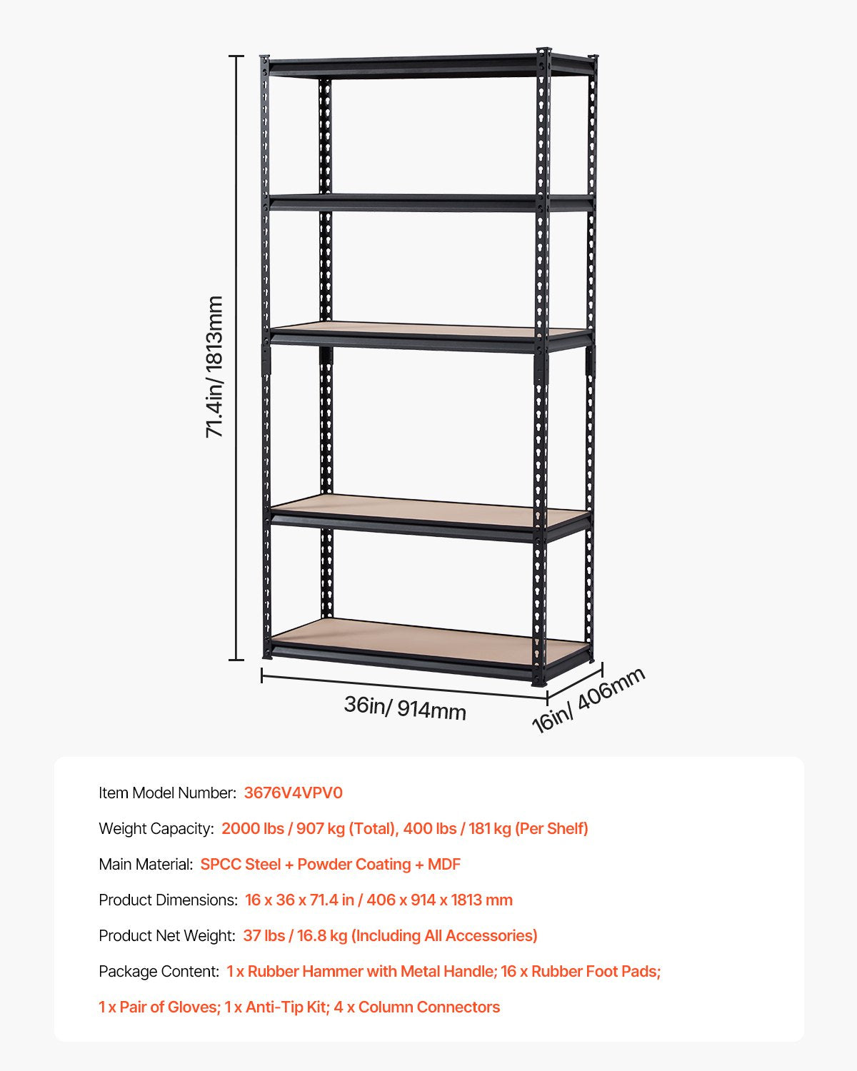 VEVOR Storage Shelves 16" D x 36" W x 71.4" H 5-tier Garage Storage Shelving 