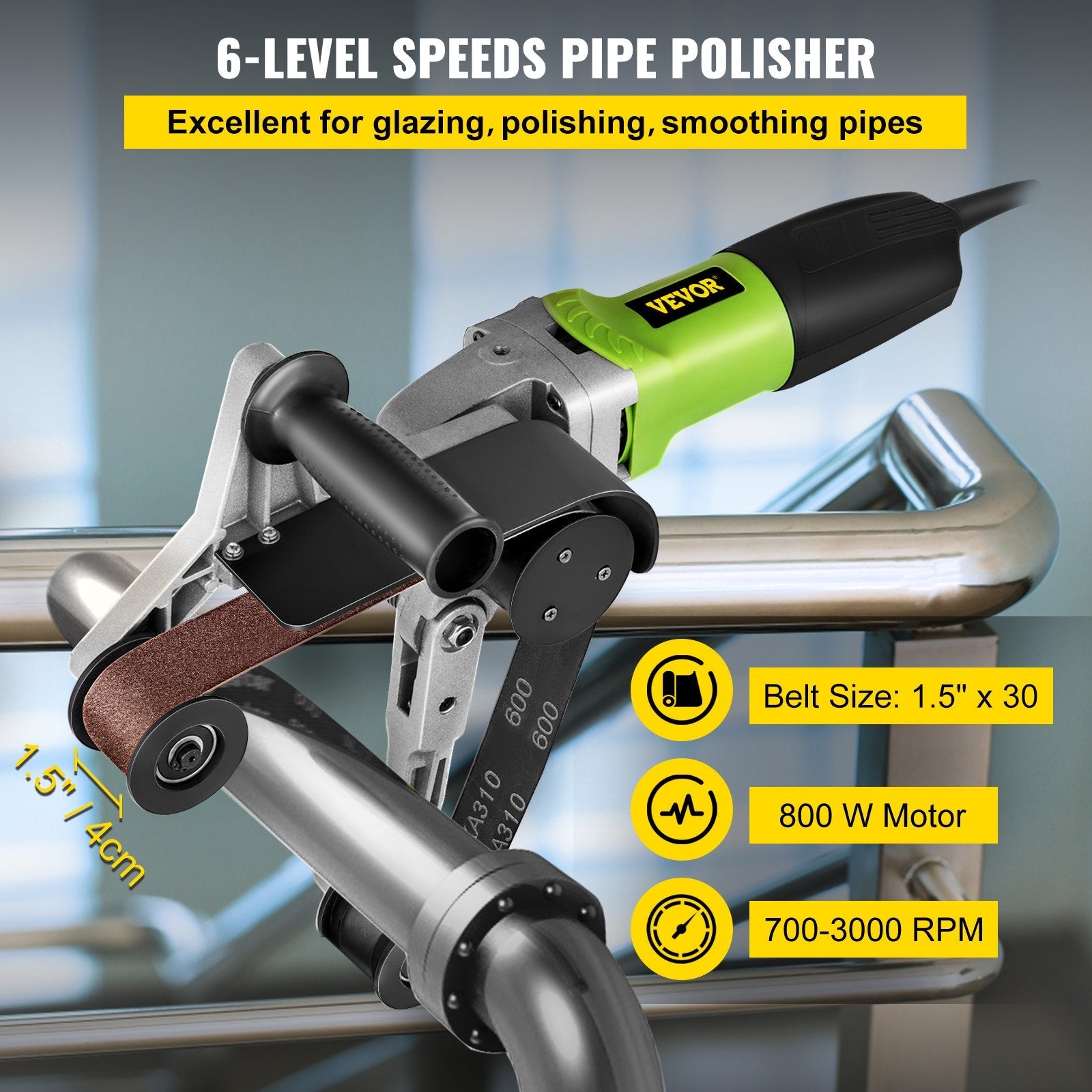VEVOR Pipe Tube Polisher Sander 7\"/180 mm Max Pipe Diameter,Sander Polisher Grinder 110V 800W,Professional Belt Sander Grinding Machine 6 Speeds Adjustable,for Burnishing Finishing Stainless Steel 