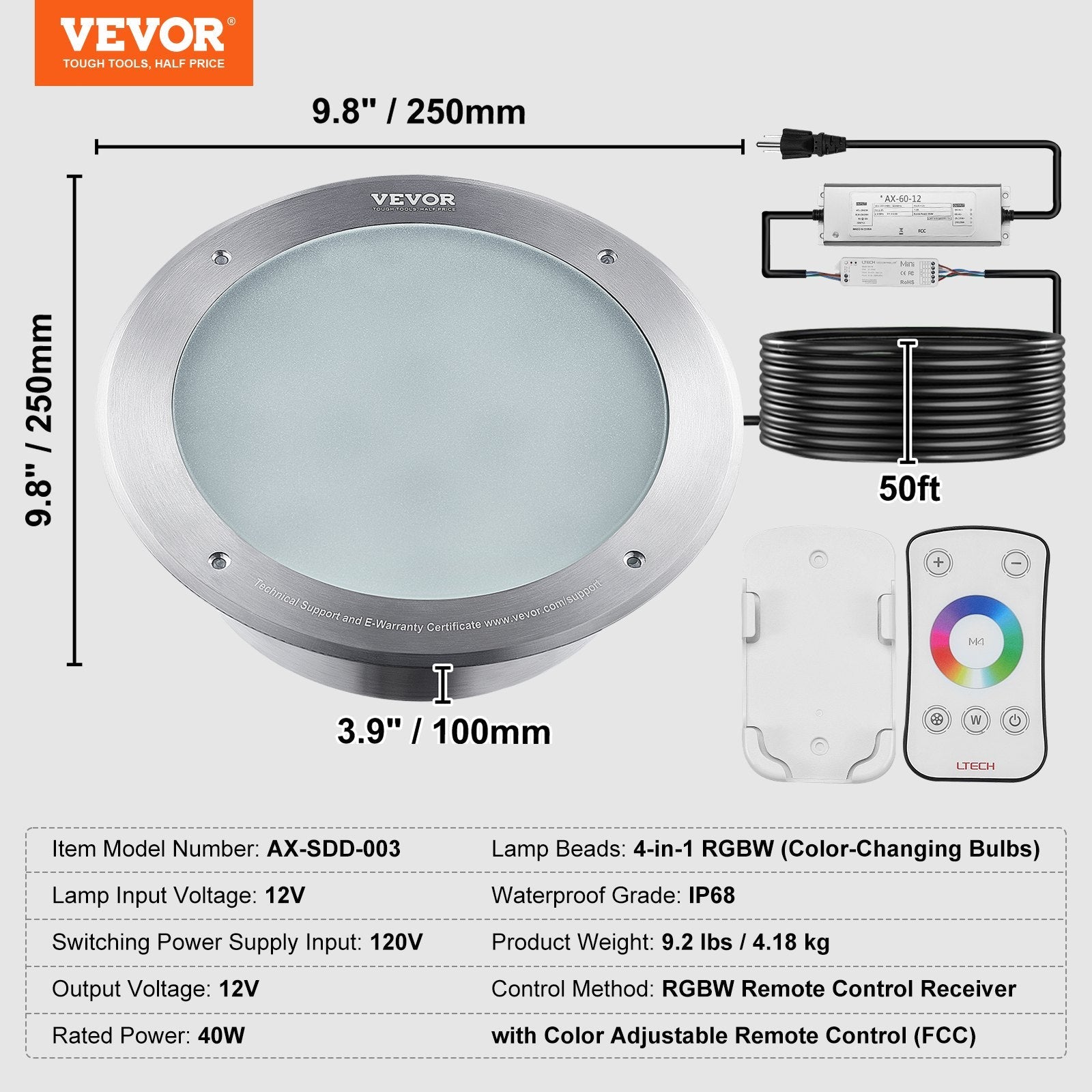VEVOR 120V AC LED Pool Light, 10 Inch 40W, RGBW Color Changing Inground Swimming Pool Spa Light Underwater, with 50 FT Cord Remote Control, Fit for 10in Large Wet Niches, IP68 & Tested to UL Standards 
