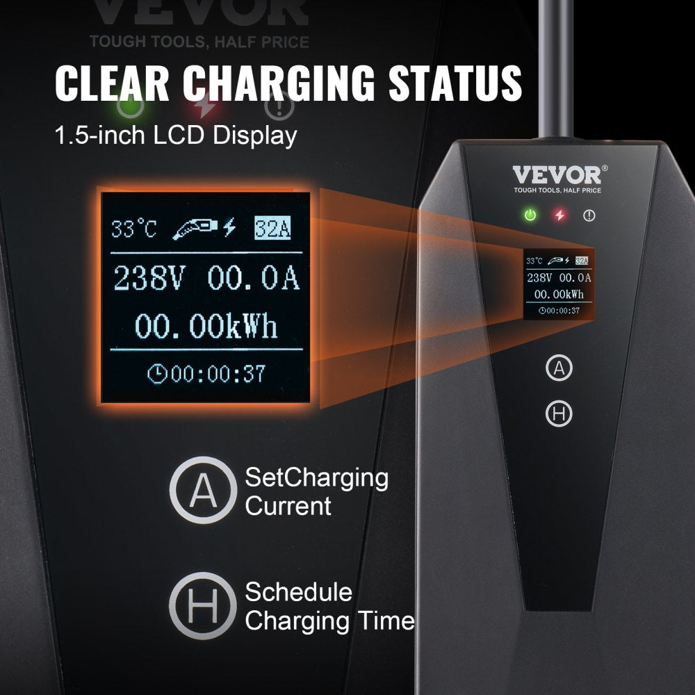 VEVOR Level 2 Portable EV Charger, 32 Amp 240V, Electric Vehicle Charger with 28 ft Charging Cable NEMA 10-30P Plug, 16/20/24/32A Adjustable Current Plug-in Home EV Charging Station for SAE J1772 EVs 