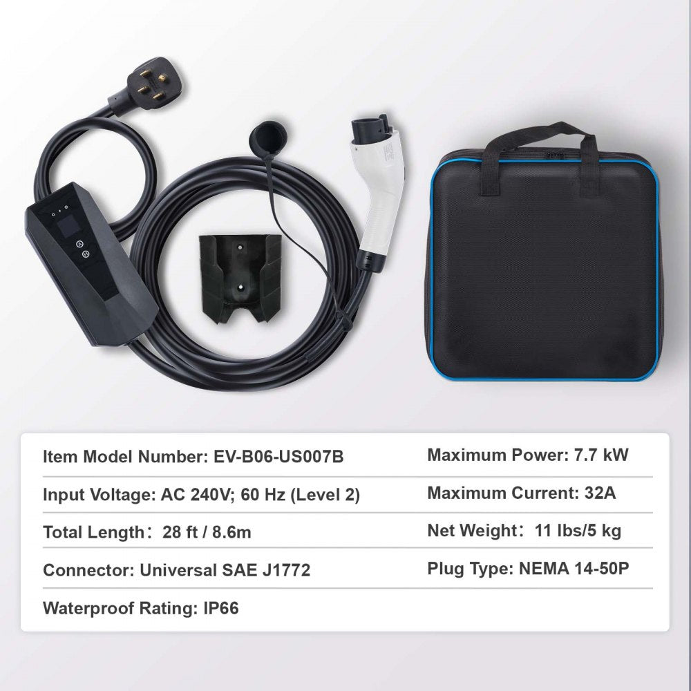 VEVOR Level 2 Portable EV Charger, 32 Amp 240V, Electric Vehicle Charger with 28 ft Charging Cable NEMA 10-30P Plug, 16/20/24/32A Adjustable Current Plug-in Home EV Charging Station for SAE J1772 EVs 