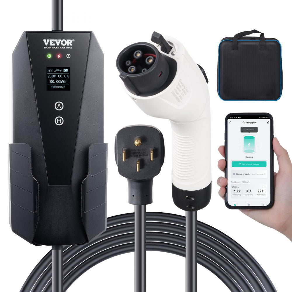 VEVOR Level 2 Portable EV Charger, 32 Amp 240V, Electric Vehicle Charger with 28 ft Charging Cable NEMA 10-30P Plug, 16/20/24/32A Adjustable Current Plug-in Home EV Charging Station for SAE J1772 EVs 