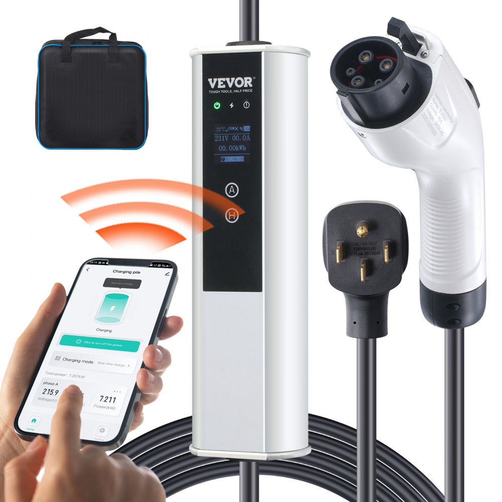 VEVOR Level 2 Portable EV Charger, 40A 240V, Electric Vehicle Charger with 25 ft Charging Cable NEMA 14-50P Plug, 40A/32A/24A/16A Adjustable Current Plug-in Home EV Charging Station for SAE J1772 EVs 