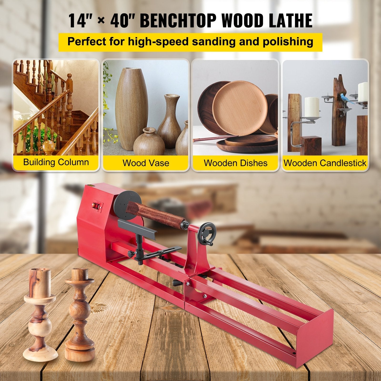 VEVOR Wood Lathe 14" x 40", Power Wood Turning Lathe 1/2HP 4 Speed 1100/1600/2300/3400RPM, Benchtop Wood Lathe with 3 Chisels Perfect for High Speed Sanding and Polishing of Finished Work 