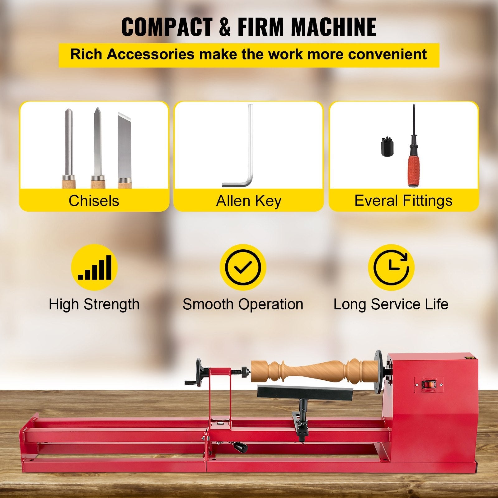VEVOR Wood Lathe 14" x 40", Power Wood Turning Lathe 1/2HP 4 Speed 1100/1600/2300/3400RPM, Benchtop Wood Lathe with 3 Chisels Perfect for High Speed Sanding and Polishing of Finished Work 