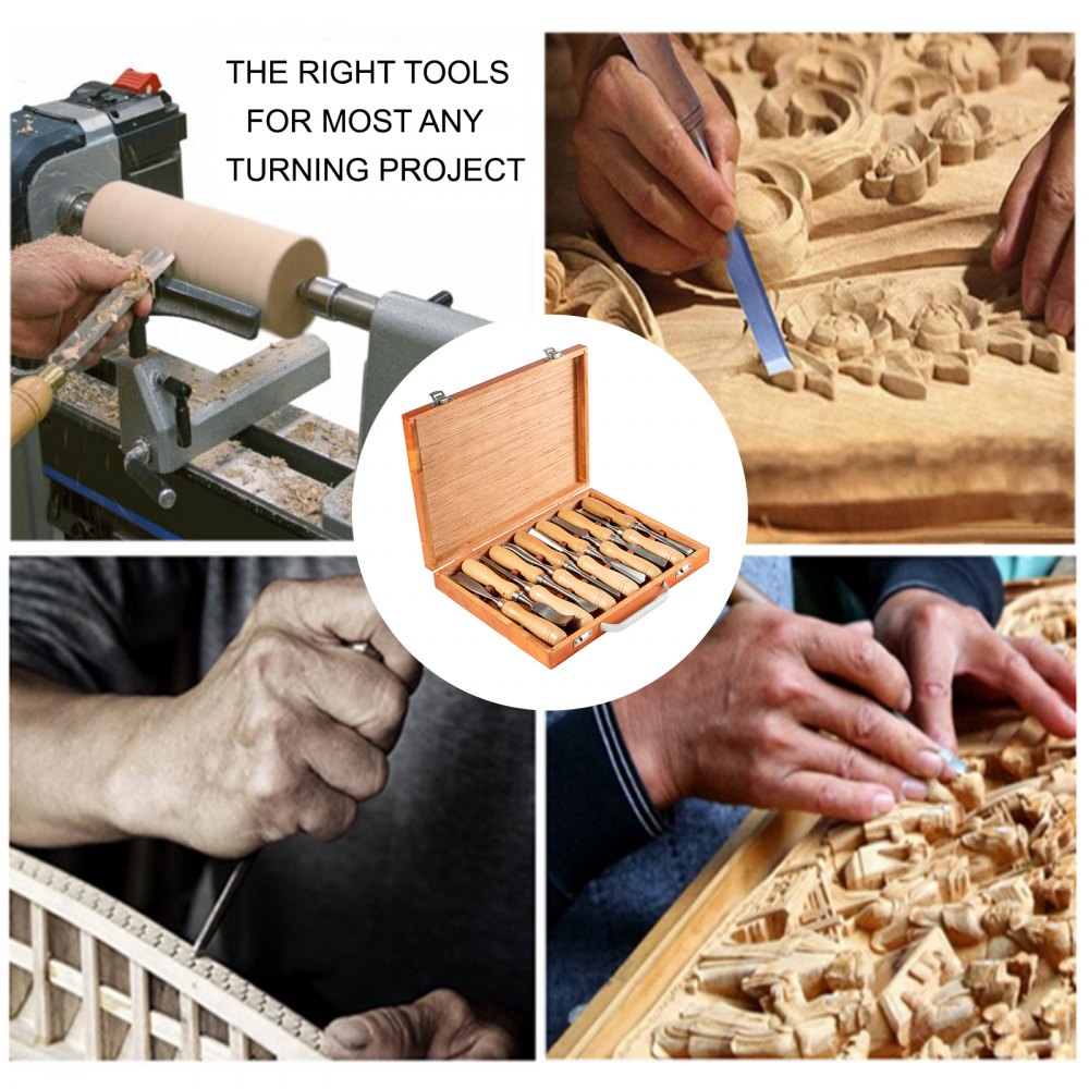 VEVOR Woodworking 12pcs Lathe Chisel?Wood Carving Hand Chisel 3-3/4Inch Blade Length, Wood Turning Tools with Wooden Storage Case, for Wood Carving Root Carving Furniture Carving Lathes 