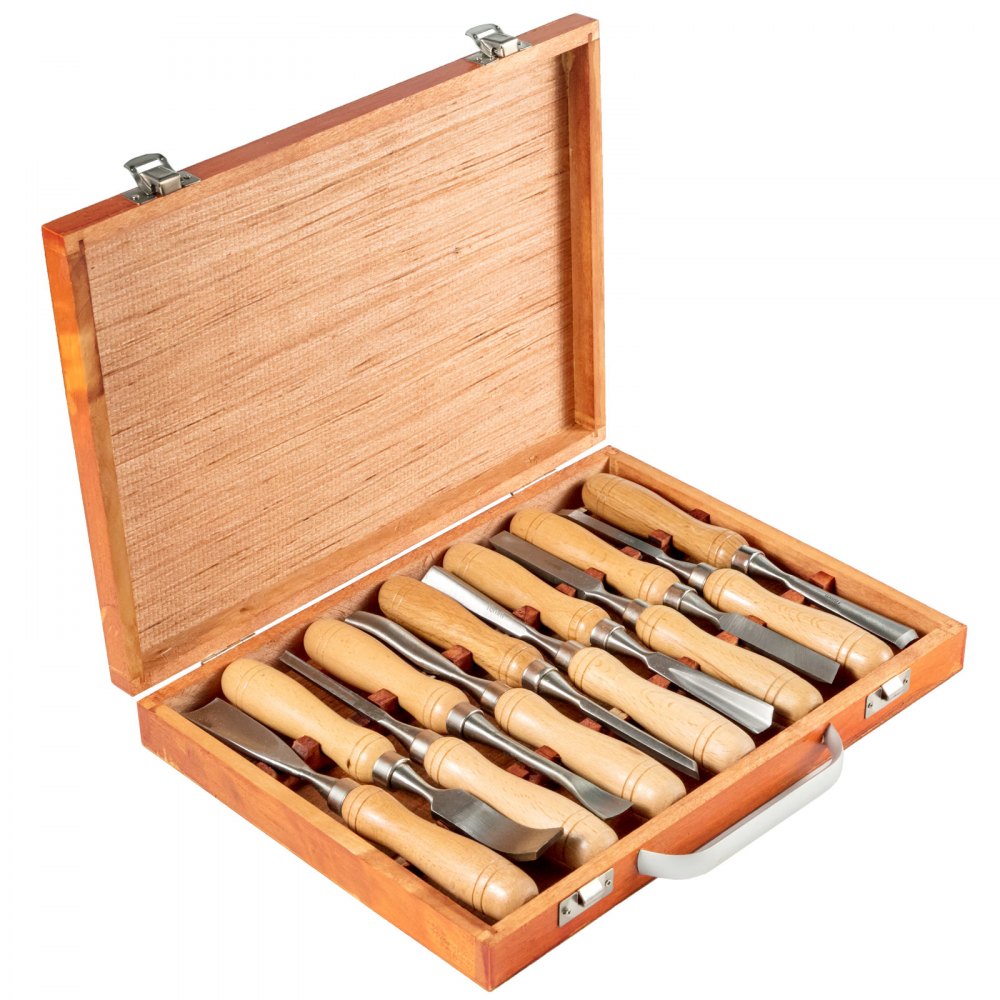 VEVOR Woodworking 12pcs Lathe Chisel?Wood Carving Hand Chisel 3-3/4Inch Blade Length, Wood Turning Tools with Wooden Storage Case, for Wood Carving Root Carving Furniture Carving Lathes 
