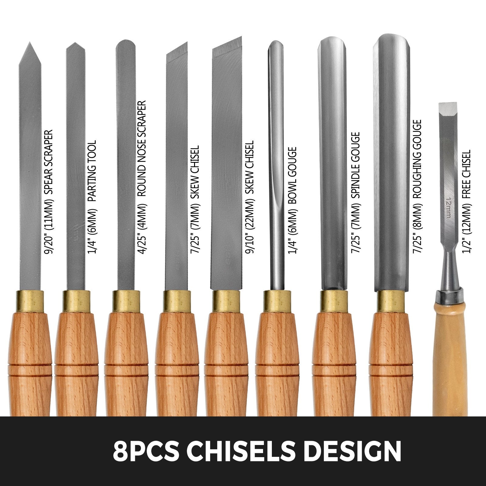 VEVOR Lathe Chisel 8 Piece Wood Lathe Chisel Cutting Carving HSS Steel Blades Wood Turning Tools Lathe Chisel Set  Wooden Case for Storage for Wood Turning Hardwood One Free Chisel 
