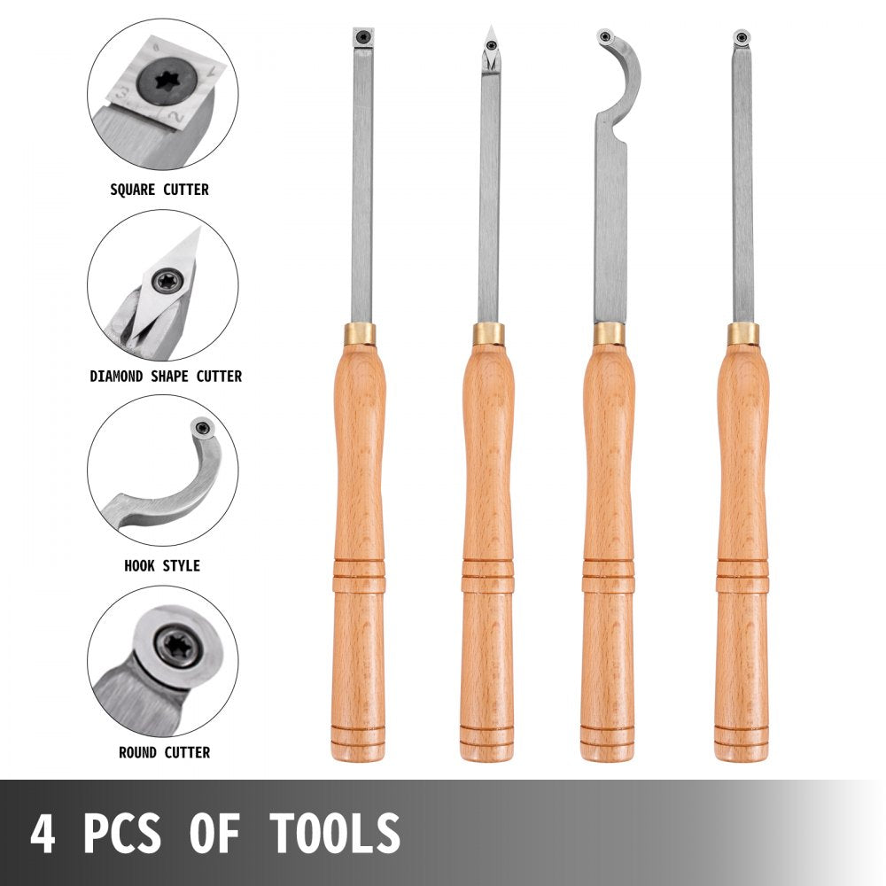 VEVOR Wood Turning Tools for Lathe 4 PCS Set, Carbide Lathe Tools with Diamond Shape, Round, Square Cutters, Turning Lathe Chisels with Comfortable Grip Handles Lathe Tools for Craft DIY Hobbyists 