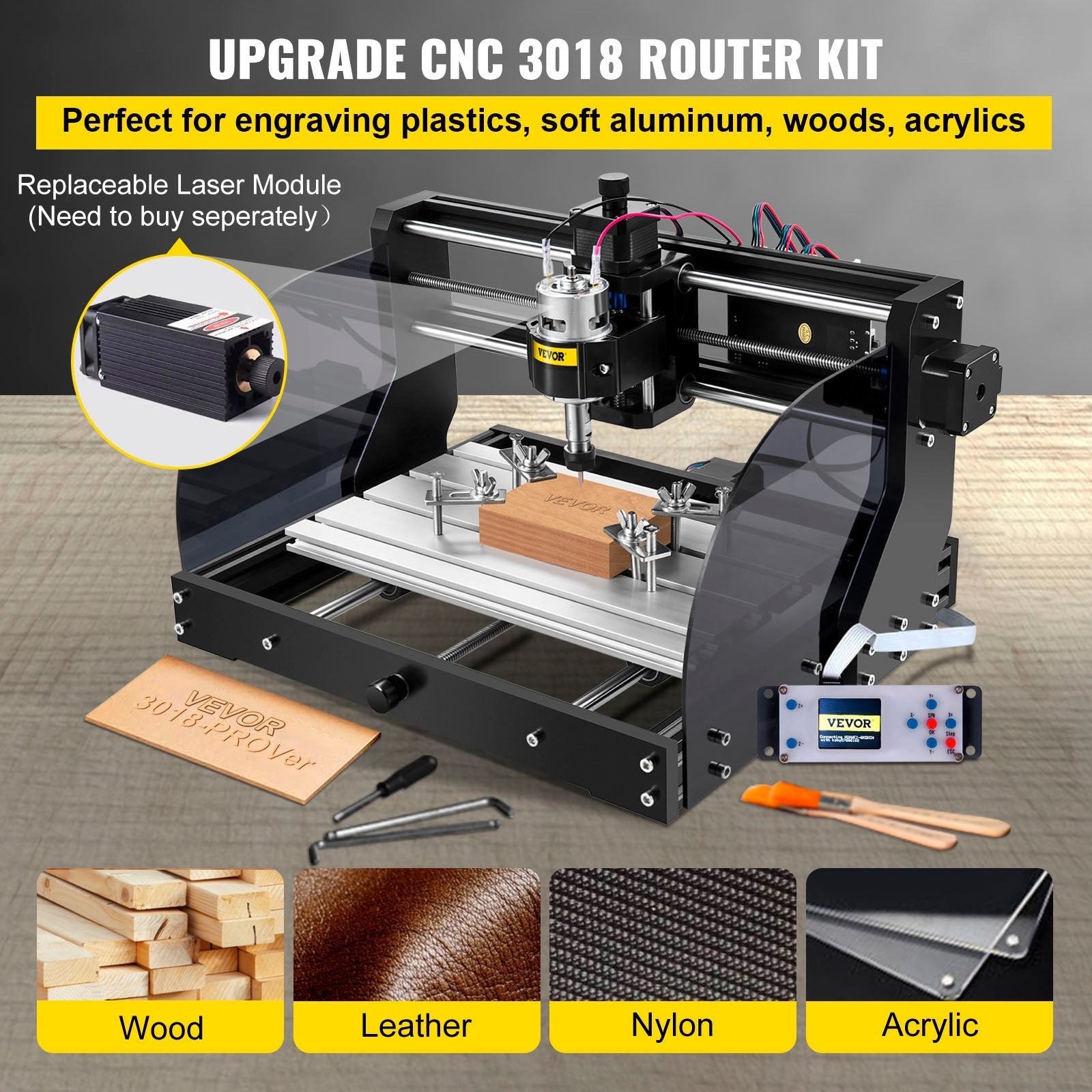 VEVOR CNC Router Machine 3018 CNC 3018-PRO 3 Axis PCB Milling Machine Wood Router Engraver GRBL Control DIY Engraving CNC Machine with Offline Controller and ER11 and 5mm Extension Rod(300x180x45mm) 