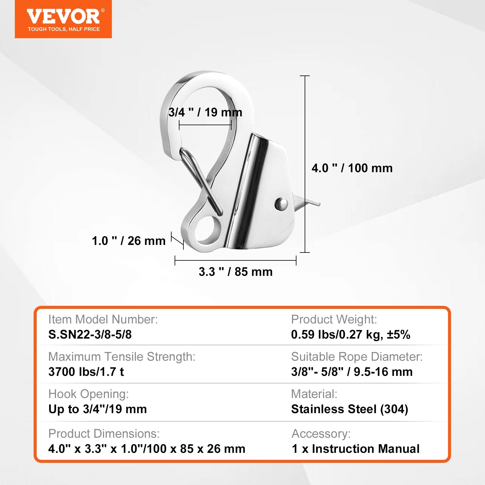 VEVOR Boat Anchor Hook, 304 Stainless Steel Slide Anchor, Knotless Anchor System with Quick Release, Boat Anchor Hook Clips for 3/8" - 5/8" Boat Anchor Rope, Easy to Use, Holds 3700 LBS 