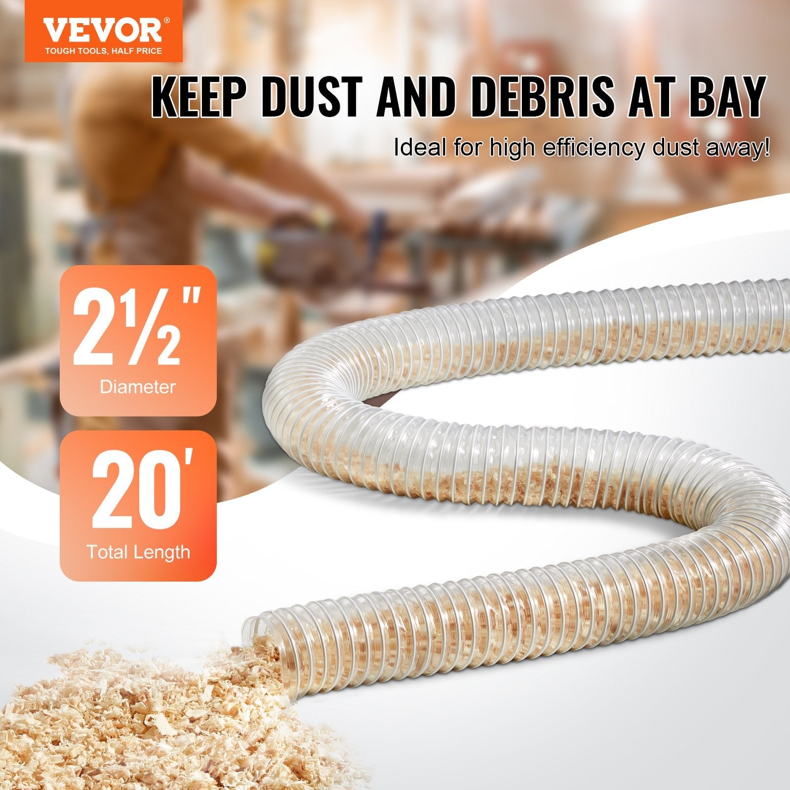 VEVOR 2.5'' x 20' Dust Collection Hose Thickened PVC Flexible Clear Hose 