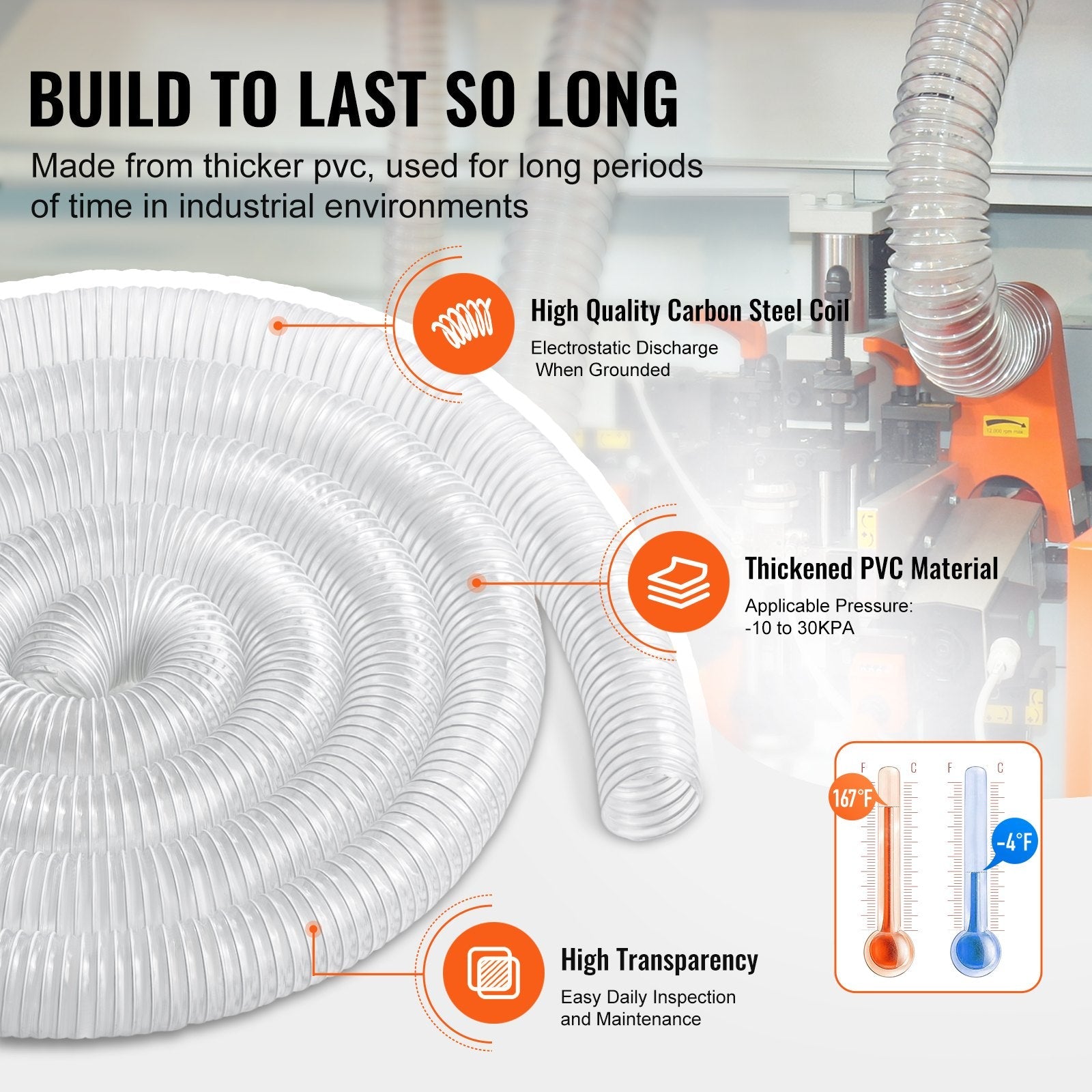 VEVOR 2.5'' x 20' Dust Collection Hose Thickened PVC Flexible Clear Hose 