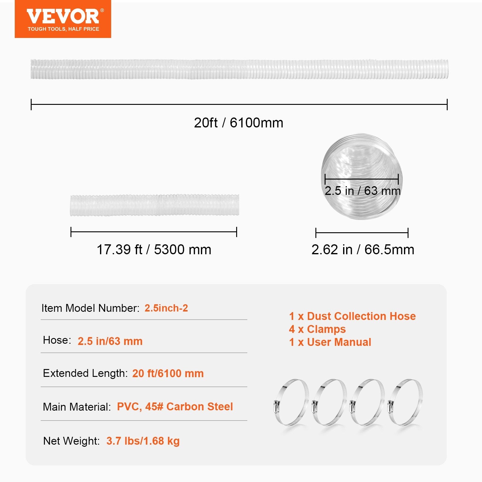 VEVOR 2.5'' x 20' Dust Collection Hose Thickened PVC Flexible Clear Hose 