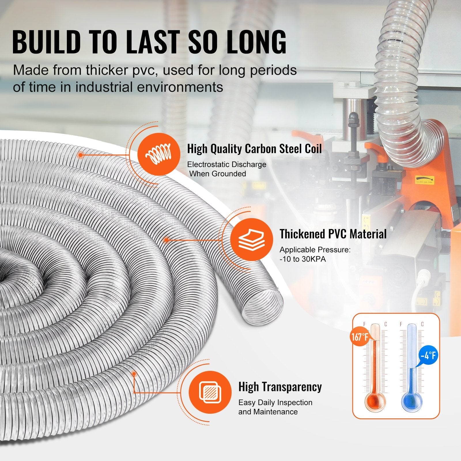 VEVOR 4'' x 50' Dust Collection Hose Thickened PVC Flexible Clear Hose 