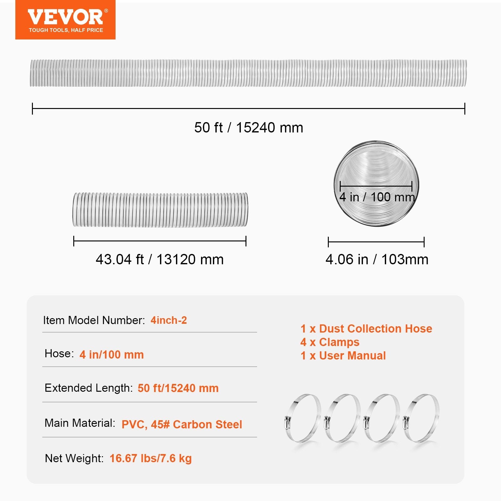 VEVOR 4'' x 50' Dust Collection Hose Thickened PVC Flexible Clear Hose 