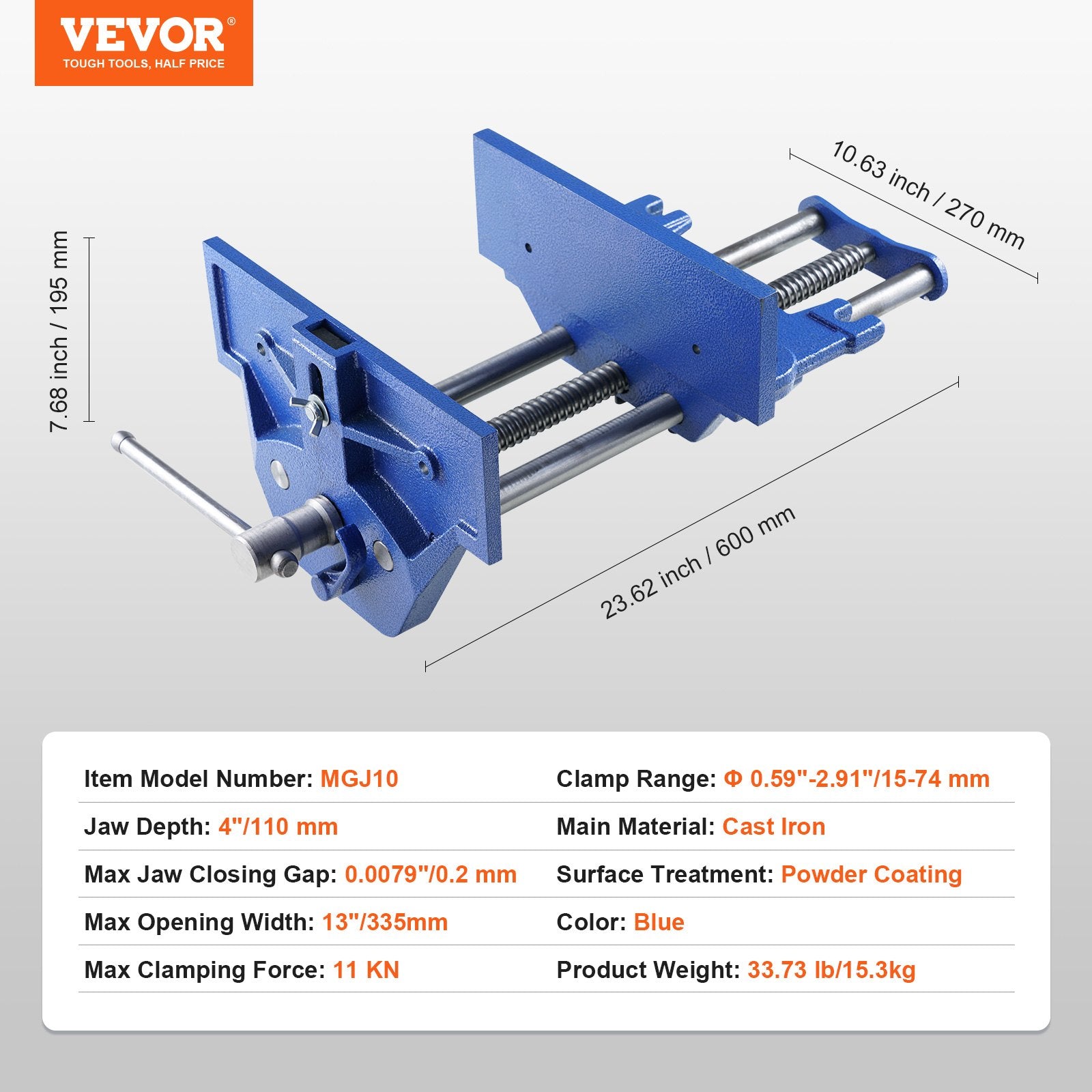 VEVOR Woodworking Vise, 13 inch Woodworking Bench Vise, Heavy-duty Cast Iron Vice for Workbench 10.6" Jaw Width, with Quick Release Lever for Woodworking, Cutting, and Drilling 