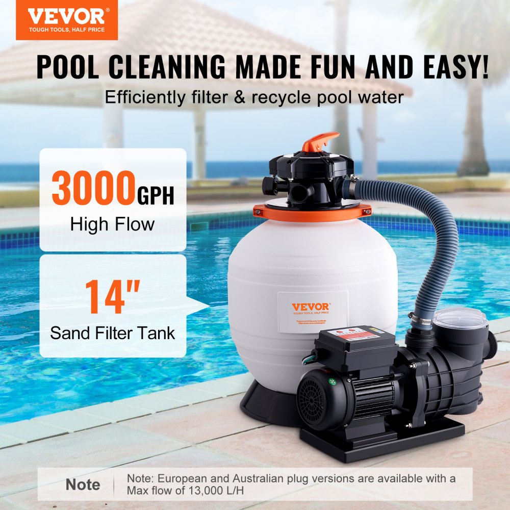 VEVOR Sand Filter Pump for Above Ground Pools, 14-inch, 3000 GPH, 3/4 HP Swimming Pool Pumps System & Filters Combo Set with 6-Way Multi-Port Valve & Strainer Basket, for Domestic and Commercial Pools 