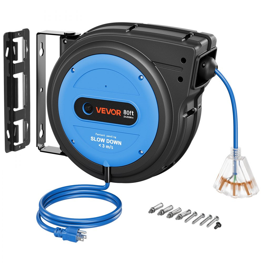80 ft Retractable Extension Cord Reel, Heavy-Duty 12/3 AWG Power Cord with Lighted 3-Outlet Tap & 15A Circuit Breaker