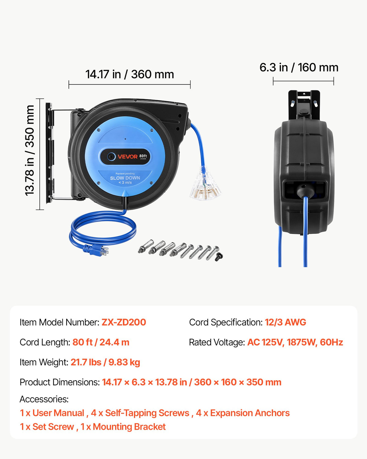 80 ft Retractable Extension Cord Reel, Heavy-Duty 12/3 AWG Power Cord with Lighted 3-Outlet Tap & 15A Circuit Breaker