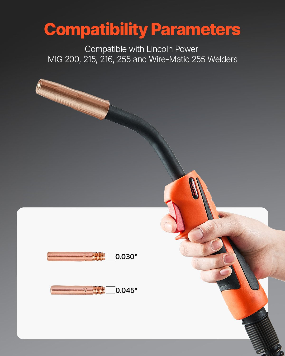VEVOR 250Amp Mig Welding Gun with 15FT Cable for 0.035" & 0.045" Welding Wires 