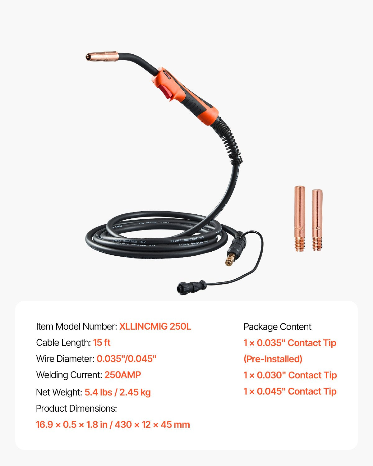 VEVOR 250Amp Mig Welding Gun with 15FT Cable for 0.035" & 0.045" Welding Wires 