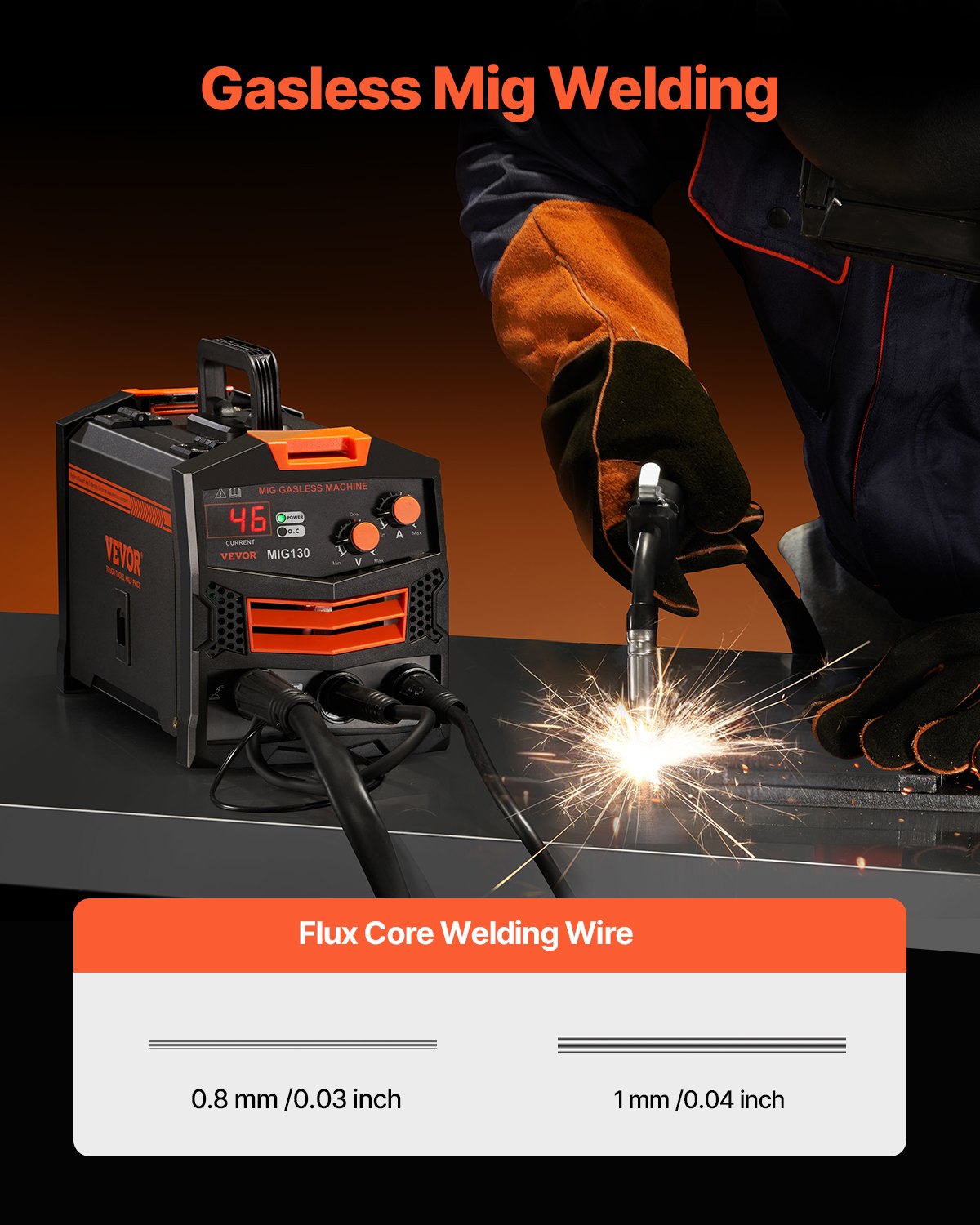VEVOR MIG Welder 130Amp Gasless Flux Core Mig Welding Machine with IGBT Inverter 