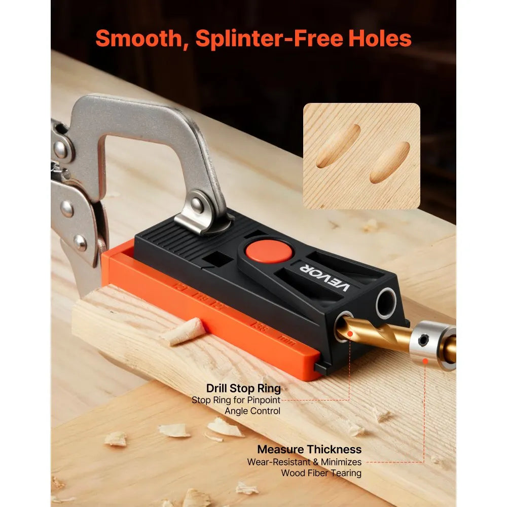 VEVOR Pocket Hole Jig Kit, 1/2 to 1-1/2 in Adjustable, Mini Jig Pocket Hole System with Step Drill, Hex Wrench, Drill Stop Ring, Square Drive Bit, and Screws, Reinforced Nylon Frame, for Woodworking 