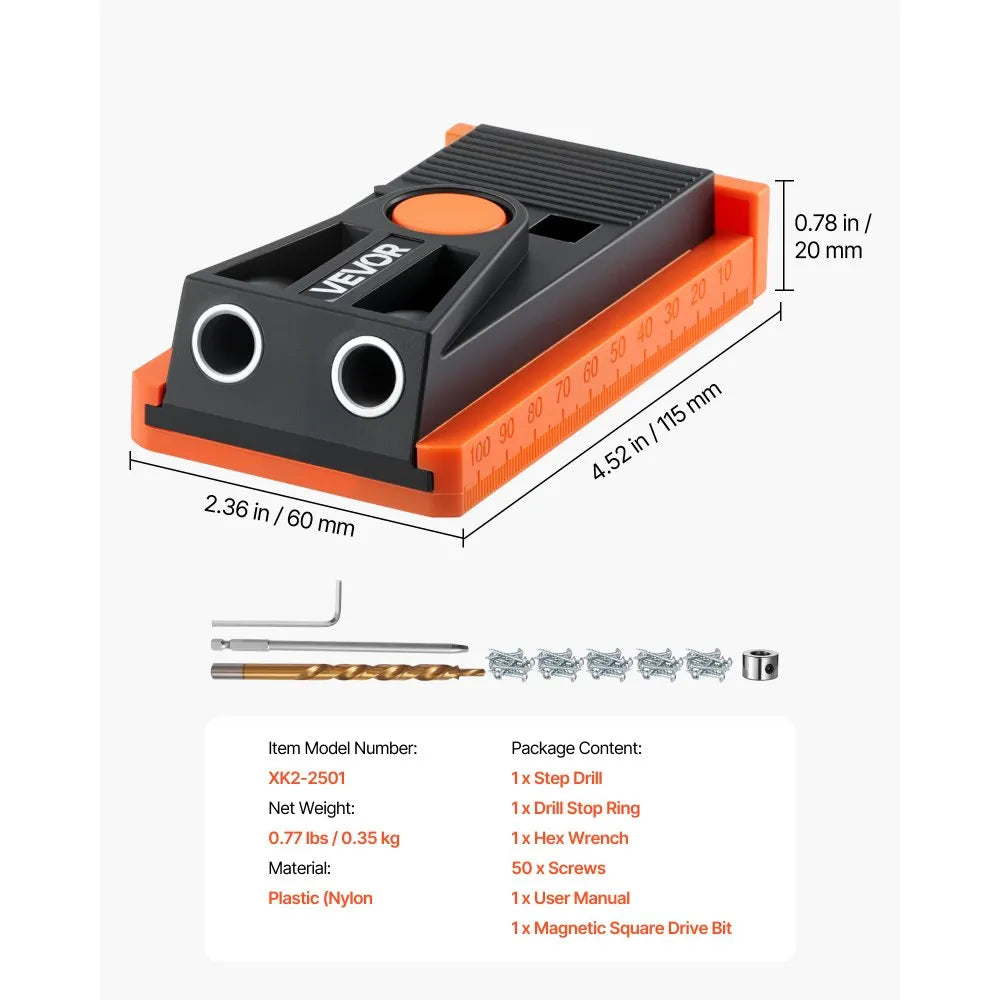 VEVOR Pocket Hole Jig Kit, 1/2 to 1-1/2 in Adjustable, Mini Jig Pocket Hole System with Step Drill, Hex Wrench, Drill Stop Ring, Square Drive Bit, and Screws, Reinforced Nylon Frame, for Woodworking 