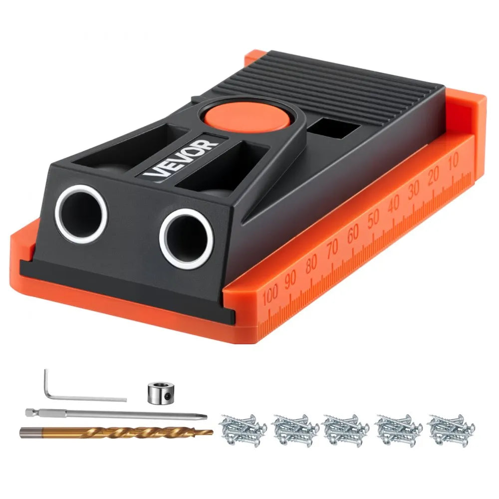 VEVOR Pocket Hole Jig Kit, 1/2 to 1-1/2 in Adjustable, Mini Jig Pocket Hole System with Step Drill, Hex Wrench, Drill Stop Ring, Square Drive Bit, and Screws, Reinforced Nylon Frame, for Woodworking 