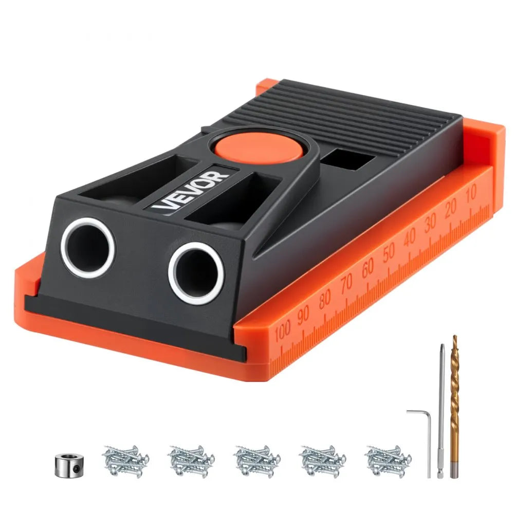 VEVOR Pocket Hole Jig Kit, 1/2 to 1-1/2 in Adjustable, Mini Jig Pocket Hole System with Step Drill, Hex Wrench, Drill Stop Ring, Square Drive Bit, and Screws, Reinforced Nylon Frame, for Woodworking 