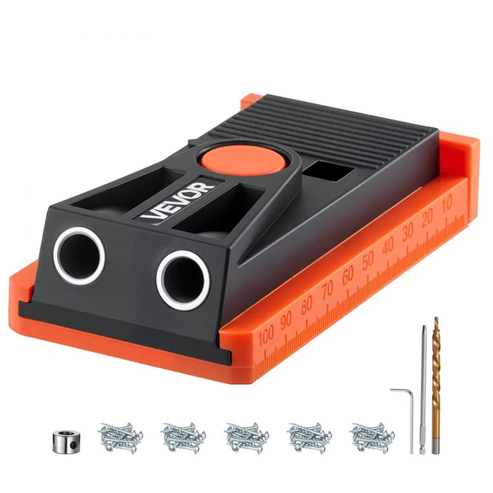 VEVOR Pocket Hole Jig Kit, 1/2 to 1-1/2 in Adjustable, Mini Jig Pocket Hole System with Step Drill, Hex Wrench, Drill Stop Ring, Square Drive Bit, and Screws, Reinforced Nylon Frame, for Woodworking 