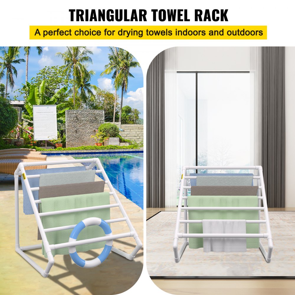 VEVOR Pool Towel Rack, 8 Bar, White, Freestanding Outdoor PVC Triangular Poolside Storage Organizer, Include 8 Towel Clips, Mesh Bag, Hook, Also Stores Floats and Paddles, for Beach, Swimming Pool 