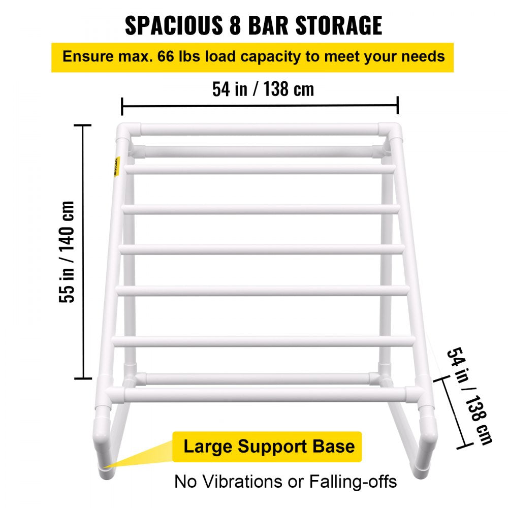 VEVOR Pool Towel Rack, 8 Bar, White, Freestanding Outdoor PVC Triangular Poolside Storage Organizer, Include 8 Towel Clips, Mesh Bag, Hook, Also Stores Floats and Paddles, for Beach, Swimming Pool 