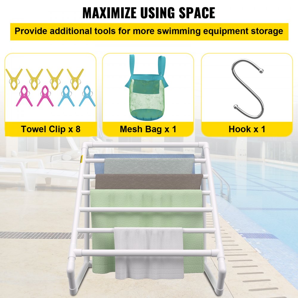 VEVOR Pool Towel Rack, 8 Bar, White, Freestanding Outdoor PVC Triangular Poolside Storage Organizer, Include 8 Towel Clips, Mesh Bag, Hook, Also Stores Floats and Paddles, for Beach, Swimming Pool 