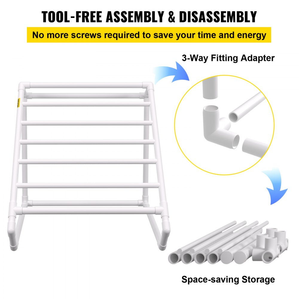 VEVOR Pool Towel Rack, 8 Bar, White, Freestanding Outdoor PVC Triangular Poolside Storage Organizer, Include 8 Towel Clips, Mesh Bag, Hook, Also Stores Floats and Paddles, for Beach, Swimming Pool 