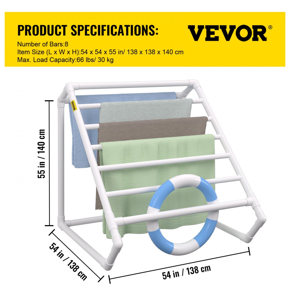 VEVOR Pool Towel Rack, 8 Bar, White, Freestanding Outdoor PVC Triangular Poolside Storage Organizer, Include 8 Towel Clips, Mesh Bag, Hook, Also Stores Floats and Paddles, for Beach, Swimming Pool 