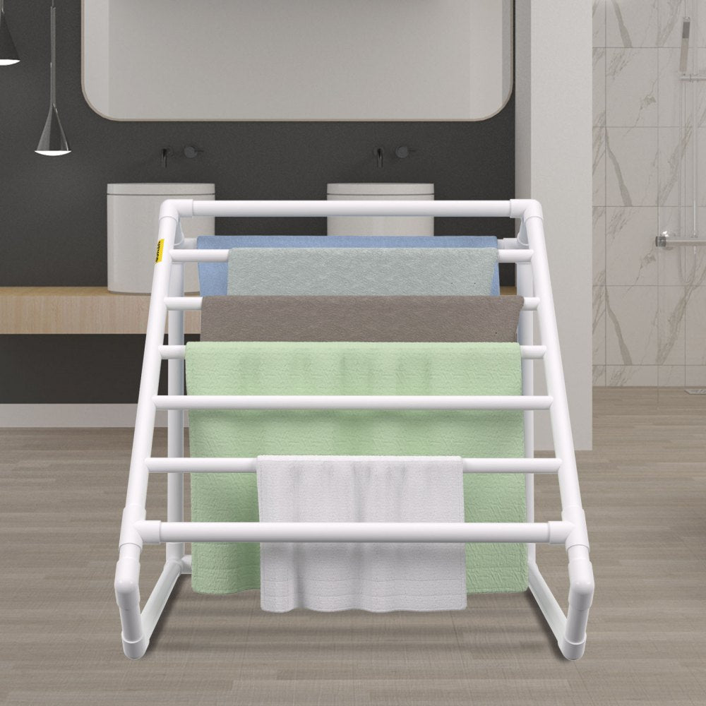 VEVOR Pool Towel Rack, 8 Bar, White, Freestanding Outdoor PVC Triangular Poolside Storage Organizer, Include 8 Towel Clips, Mesh Bag, Hook, Also Stores Floats and Paddles, for Beach, Swimming Pool 