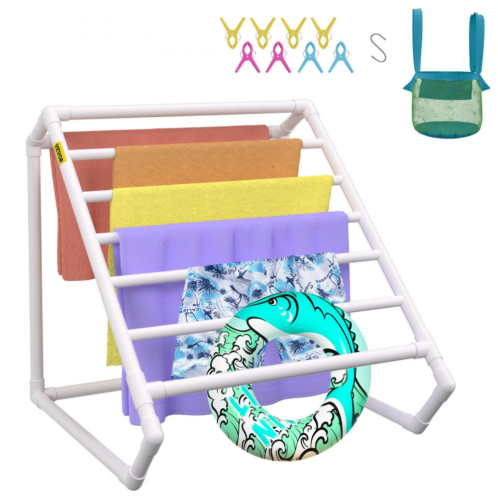 VEVOR Pool Towel Rack, 8 Bar, White, Freestanding Outdoor PVC Triangular Poolside Storage Organizer, Include 8 Towel Clips, Mesh Bag, Hook, Also Stores Floats and Paddles, for Beach, Swimming Pool 