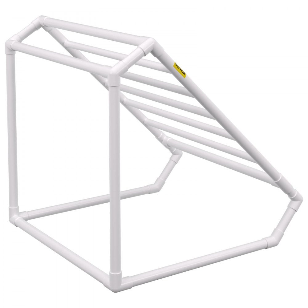 VEVOR Pool Towel Rack, 8 Bar, White, Freestanding Outdoor PVC Triangular Poolside Storage Organizer, Include 8 Towel Clips, Mesh Bag, Hook, Also Stores Floats and Paddles, for Beach, Swimming Pool 