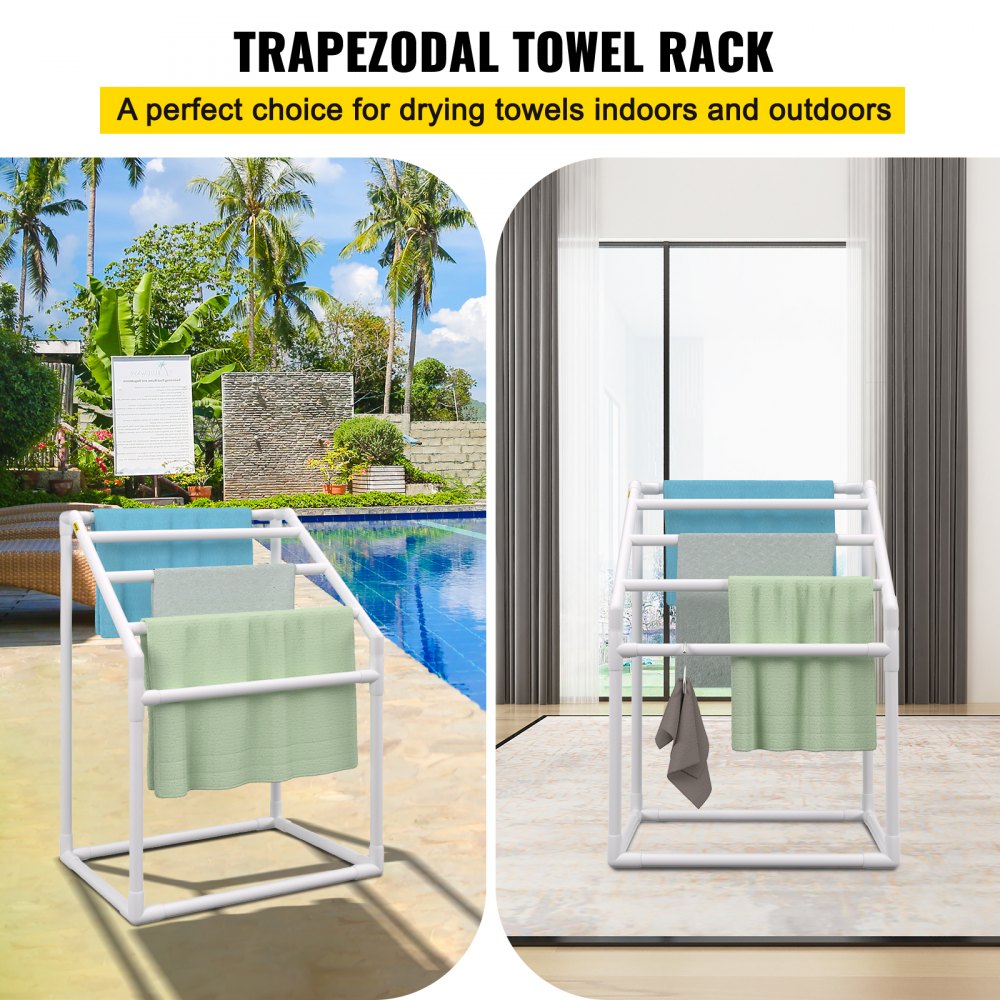 VEVOR Pool Towel Rack, 5 Bar, White, Freestanding Outdoor PVC Trapedozal Poolside Storage Organizer, Include 8 Towel Clips, Mesh Bag, Hook, Also Stores Floats and Paddles, for Beach, Swimming Pool 