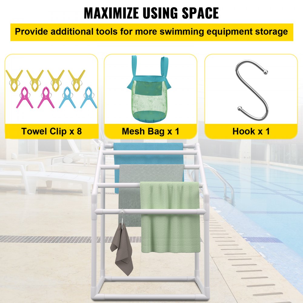 VEVOR Pool Towel Rack, 5 Bar, White, Freestanding Outdoor PVC Trapedozal Poolside Storage Organizer, Include 8 Towel Clips, Mesh Bag, Hook, Also Stores Floats and Paddles, for Beach, Swimming Pool 
