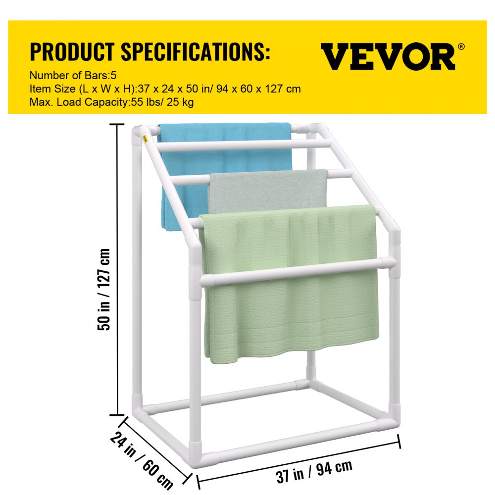 VEVOR Pool Towel Rack, 5 Bar, White, Freestanding Outdoor PVC Trapedozal Poolside Storage Organizer, Include 8 Towel Clips, Mesh Bag, Hook, Also Stores Floats and Paddles, for Beach, Swimming Pool 
