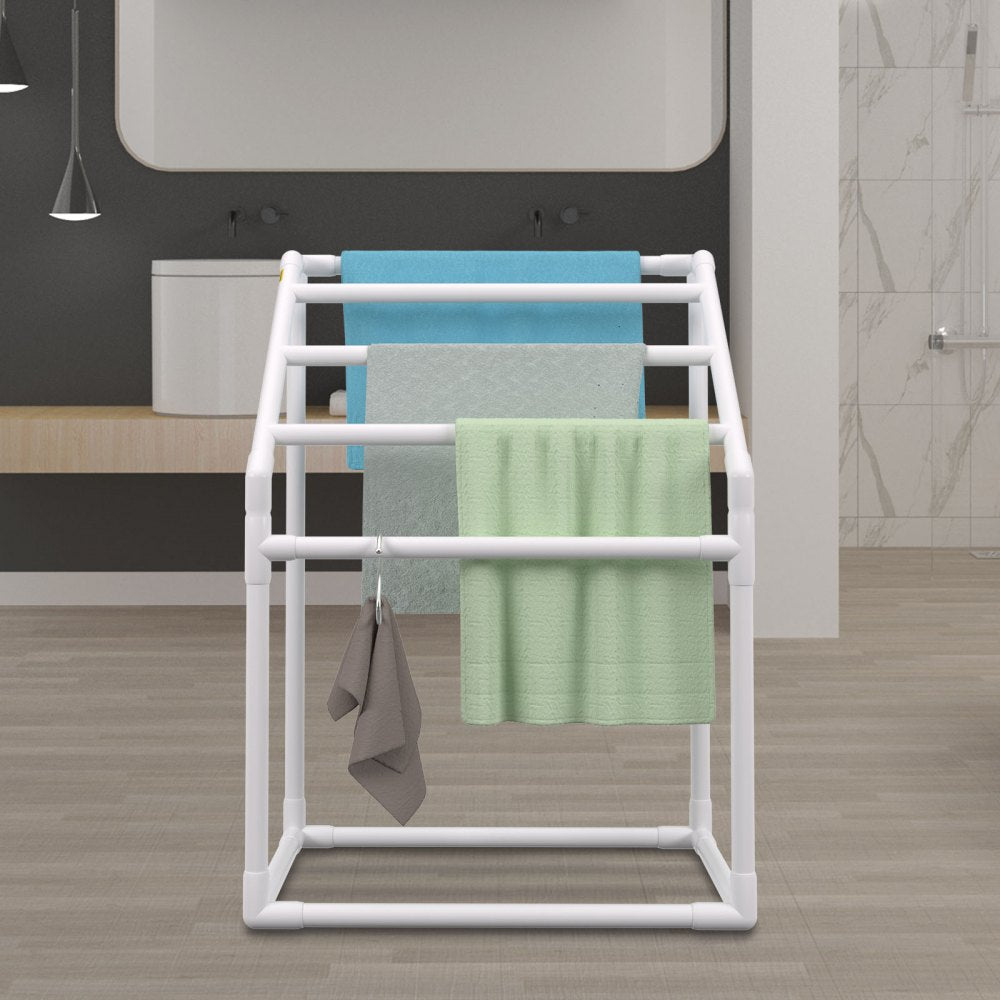 VEVOR Pool Towel Rack, 5 Bar, White, Freestanding Outdoor PVC Trapedozal Poolside Storage Organizer, Include 8 Towel Clips, Mesh Bag, Hook, Also Stores Floats and Paddles, for Beach, Swimming Pool 