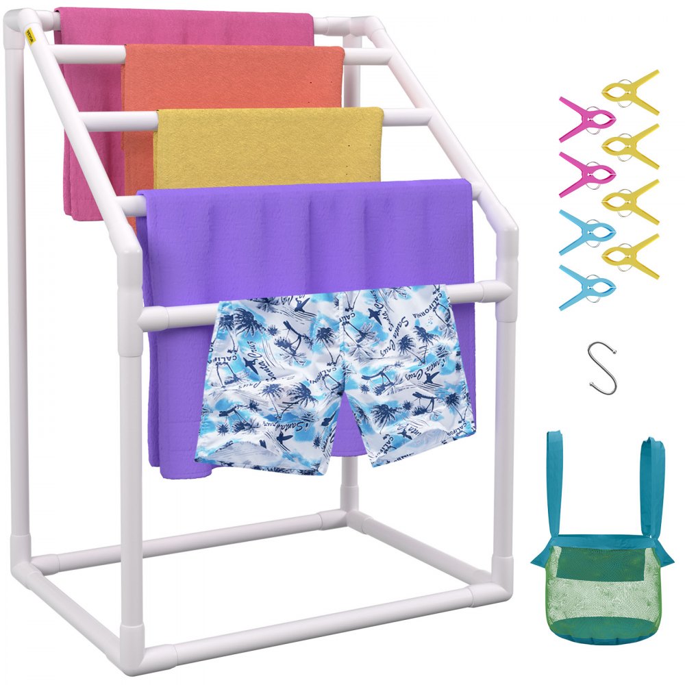 VEVOR Pool Towel Rack, 5 Bar, White, Freestanding Outdoor PVC Trapedozal Poolside Storage Organizer, Include 8 Towel Clips, Mesh Bag, Hook, Also Stores Floats and Paddles, for Beach, Swimming Pool 