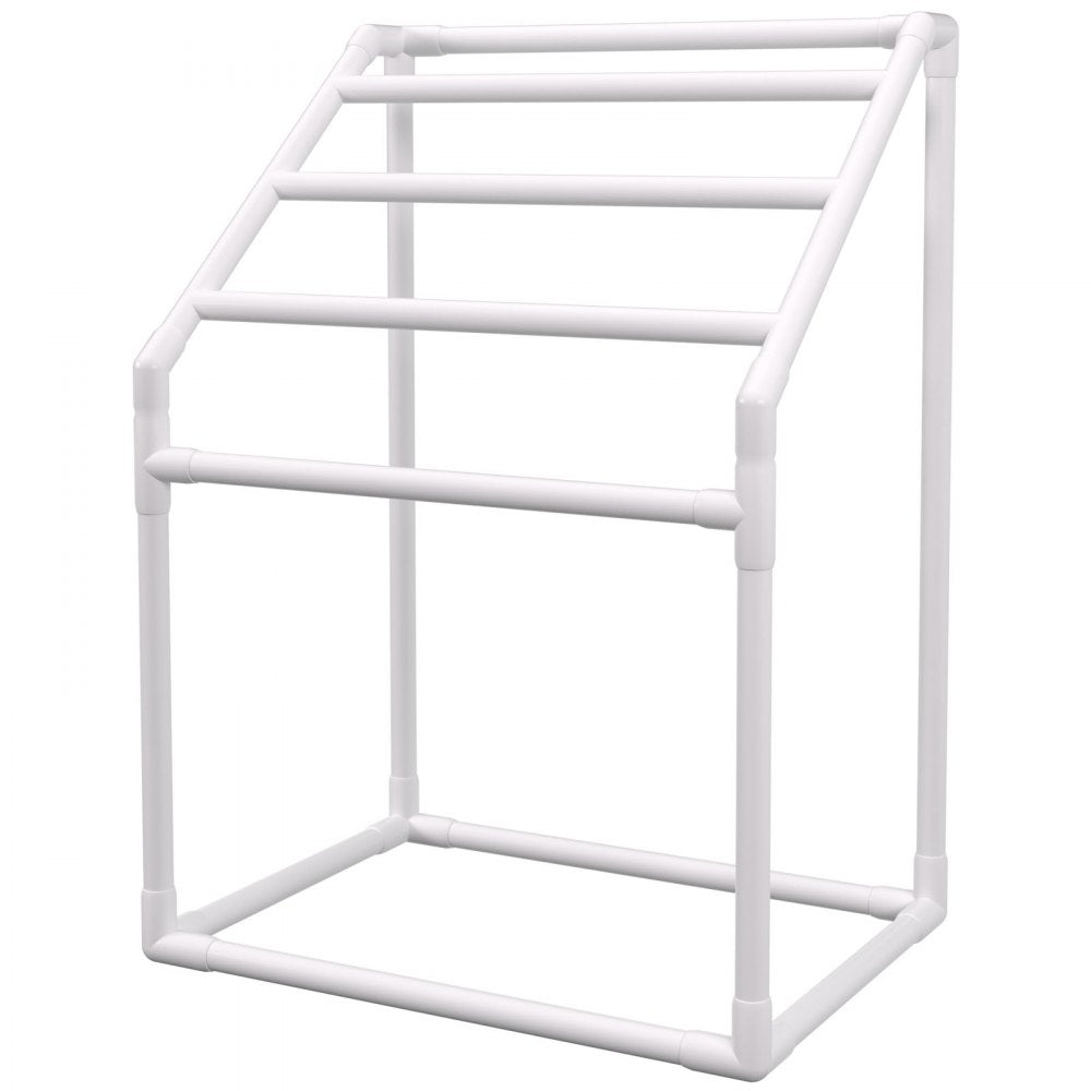 VEVOR Pool Towel Rack, 5 Bar, White, Freestanding Outdoor PVC Trapedozal Poolside Storage Organizer, Include 8 Towel Clips, Mesh Bag, Hook, Also Stores Floats and Paddles, for Beach, Swimming Pool 
