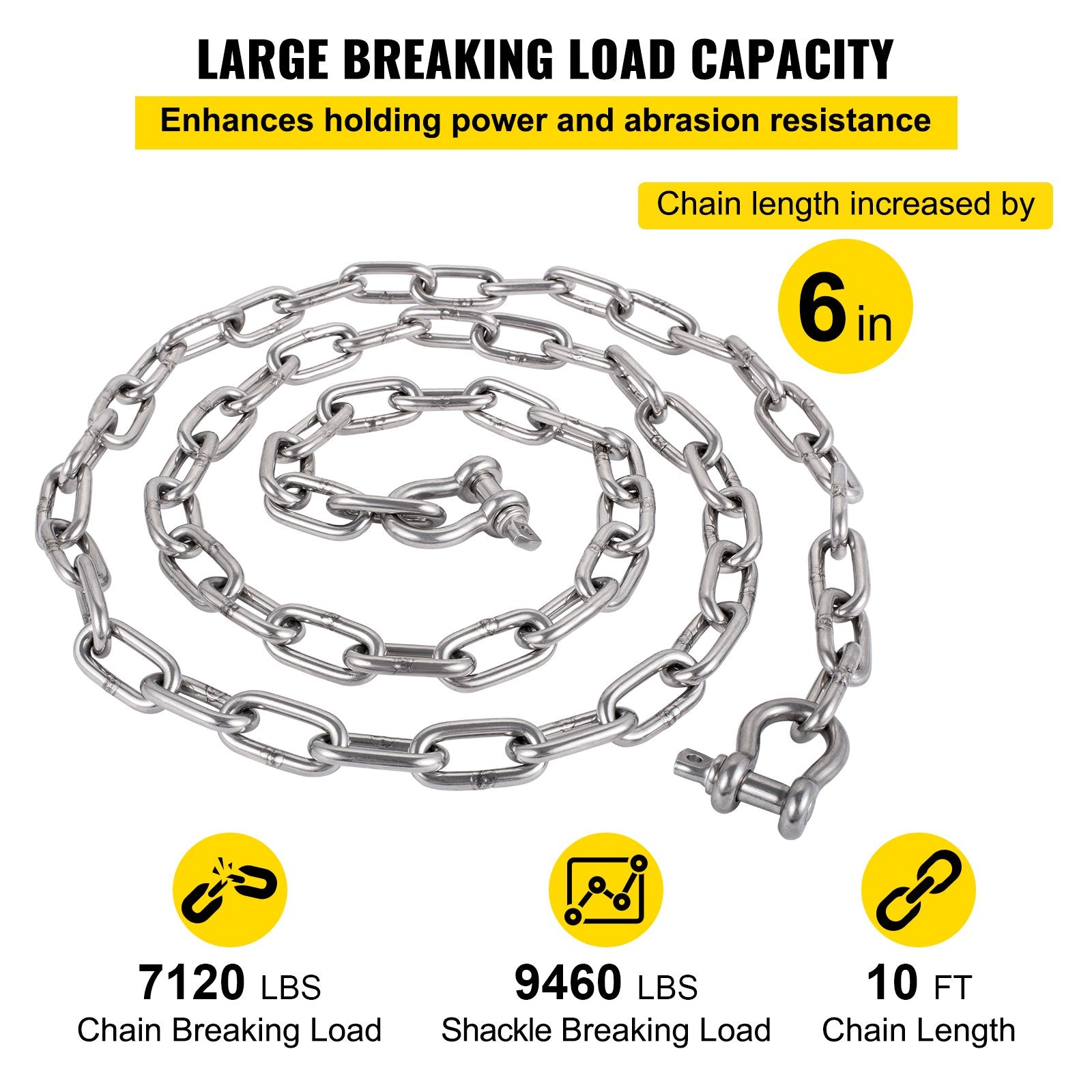 VEVOR Anchor Chain, 10 ft x 5/16 in Stainless Steel Chain, 3/8" Anchor Chain Shackle, 7120lbs Anchor Lead Chain Breaking Load, 9460lbs Anchor Chain Shackle Breaking Load, Anchor Chain for Boats 