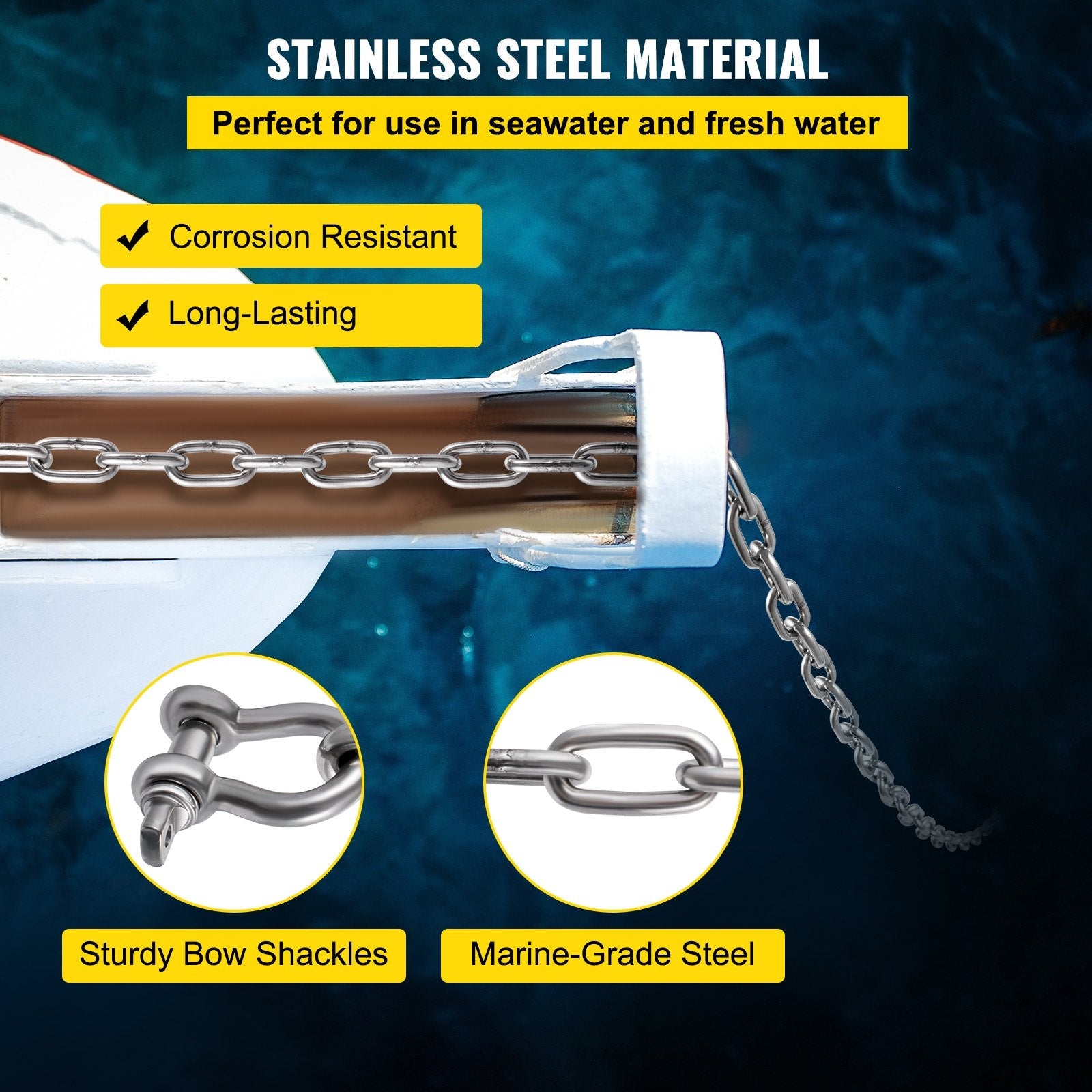 VEVOR Anchor Chain, 10 ft x 5/16 in Stainless Steel Chain, 3/8" Anchor Chain Shackle, 7120lbs Anchor Lead Chain Breaking Load, 9460lbs Anchor Chain Shackle Breaking Load, Anchor Chain for Boats 